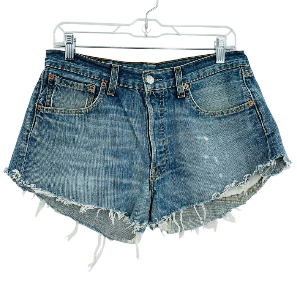 Levi's 501 Cut Off Denim Shorts Womens 32 Blue High Rise Frayed Hem Button Fly